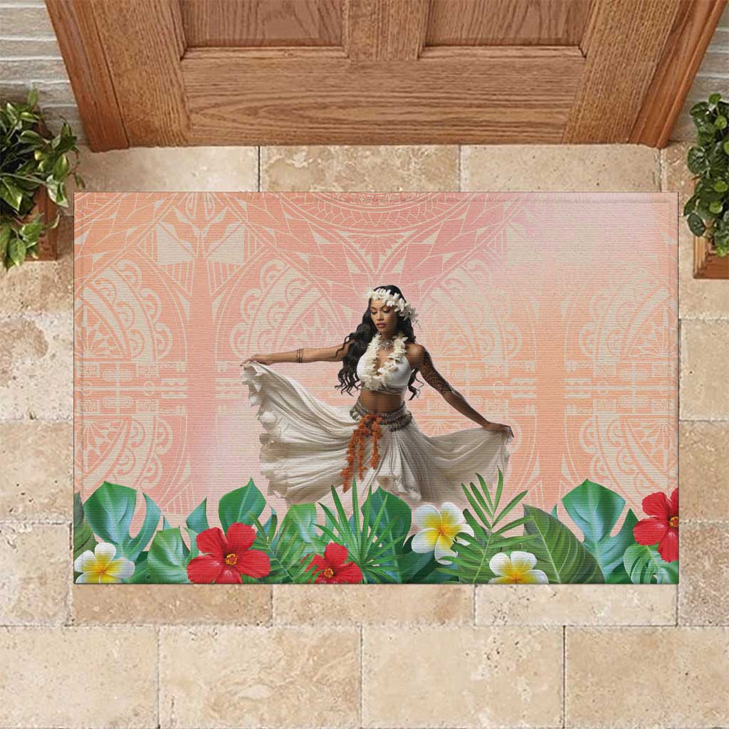 Woman Polynesian Tattoos Rubber Doormat Tropical Flower - Peach Fuzz Color