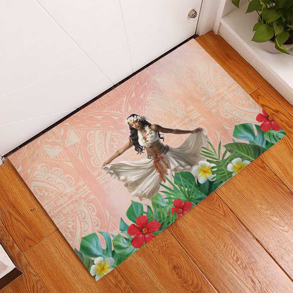 Woman Polynesian Tattoos Rubber Doormat Tropical Flower - Peach Fuzz Color