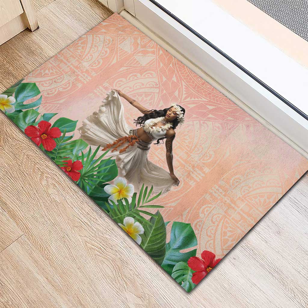 Woman Polynesian Tattoos Rubber Doormat Tropical Flower - Peach Fuzz Color