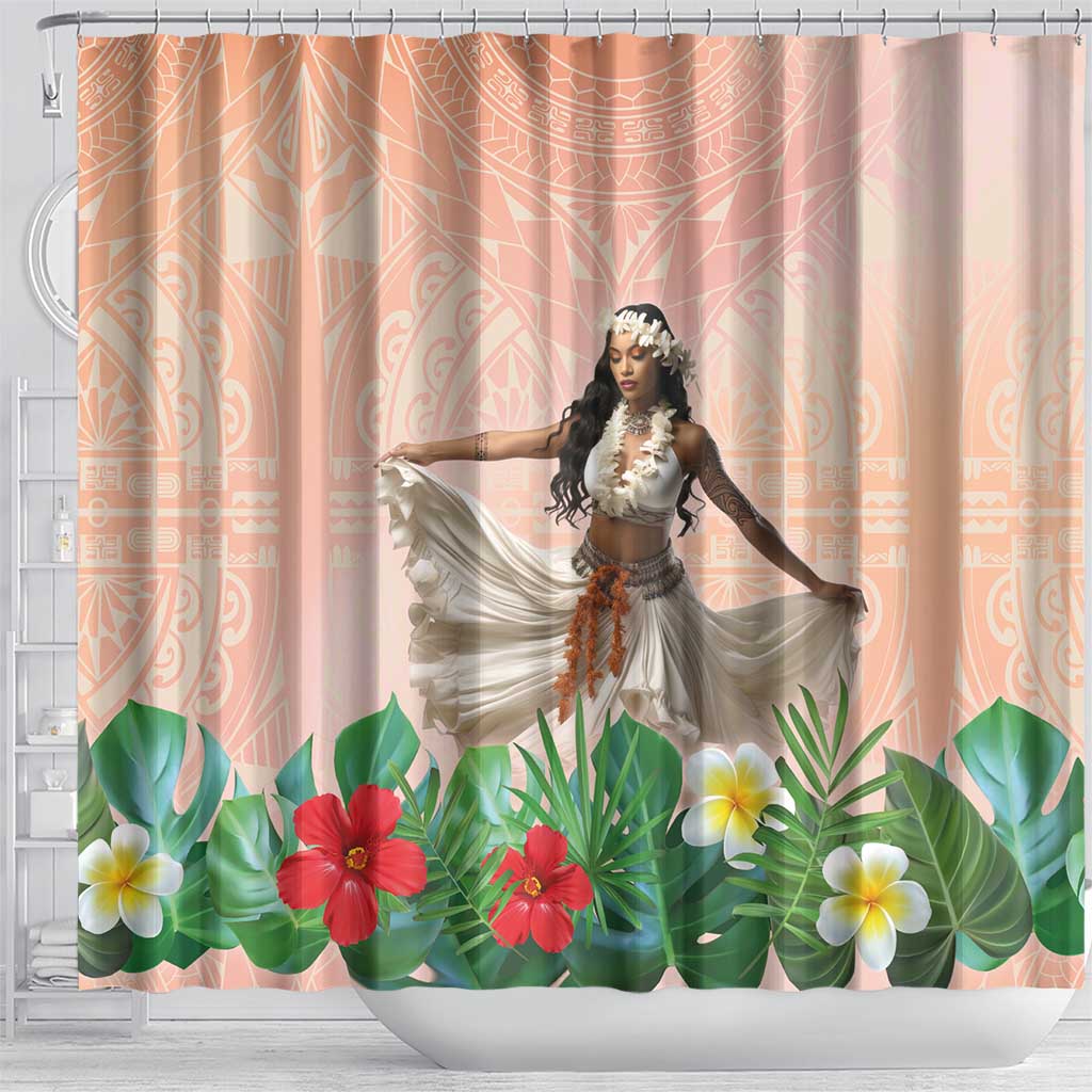 Woman Polynesian Tattoos Shower Curtain Tropical Flower - Peach Fuzz Color