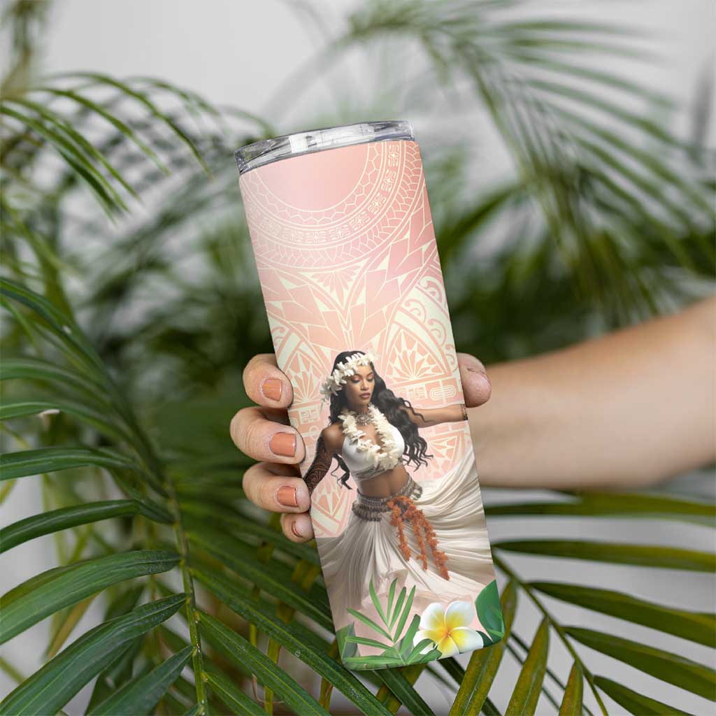 Woman Polynesian Tattoos Skinny Tumbler Tropical Flower - Peach Fuzz Color