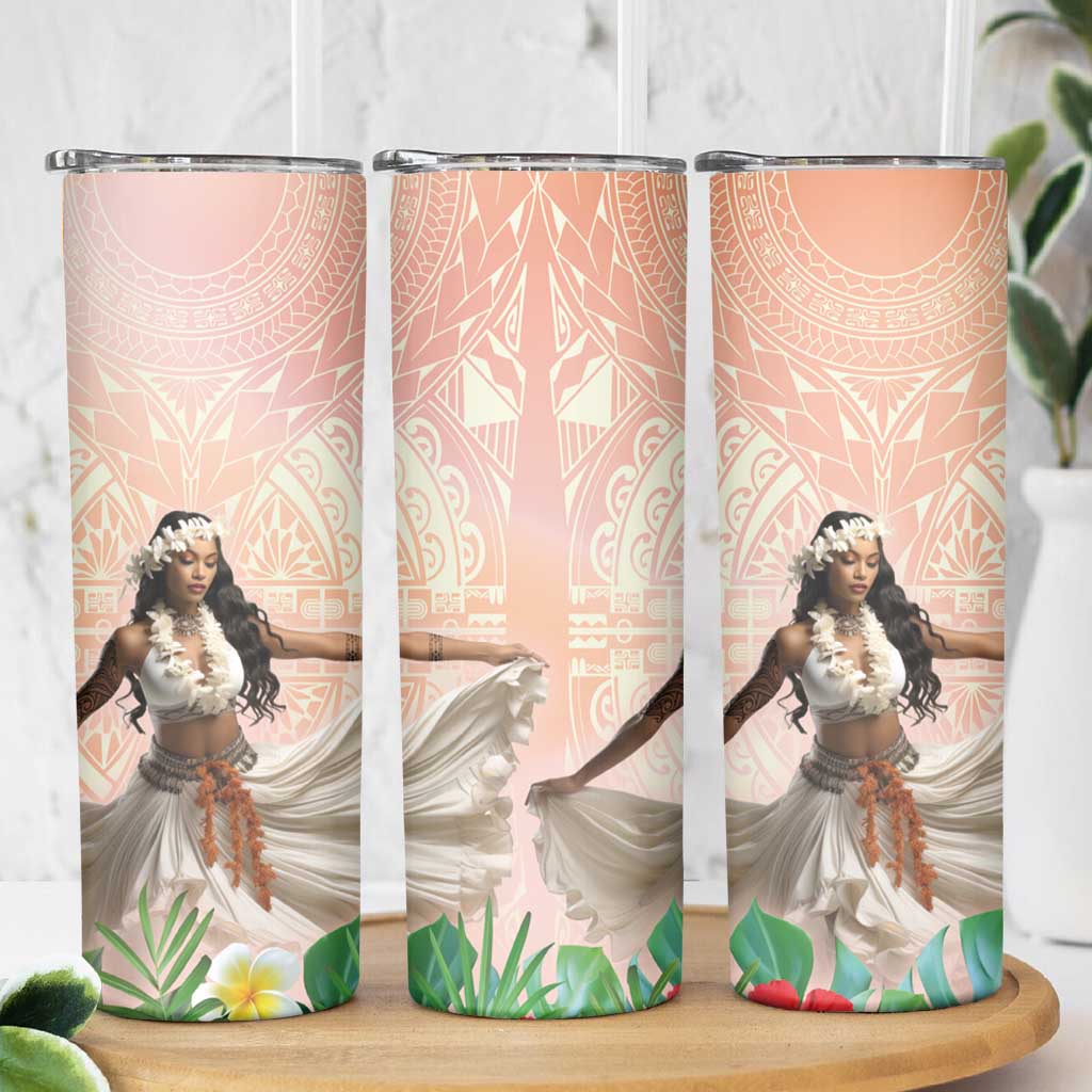Woman Polynesian Tattoos Skinny Tumbler Tropical Flower - Peach Fuzz Color