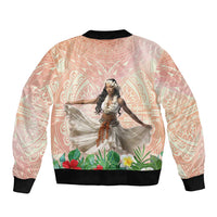 Woman Polynesian Tattoos Sleeve Zip Bomber Jacket Tropical Flower - Peach Fuzz Color