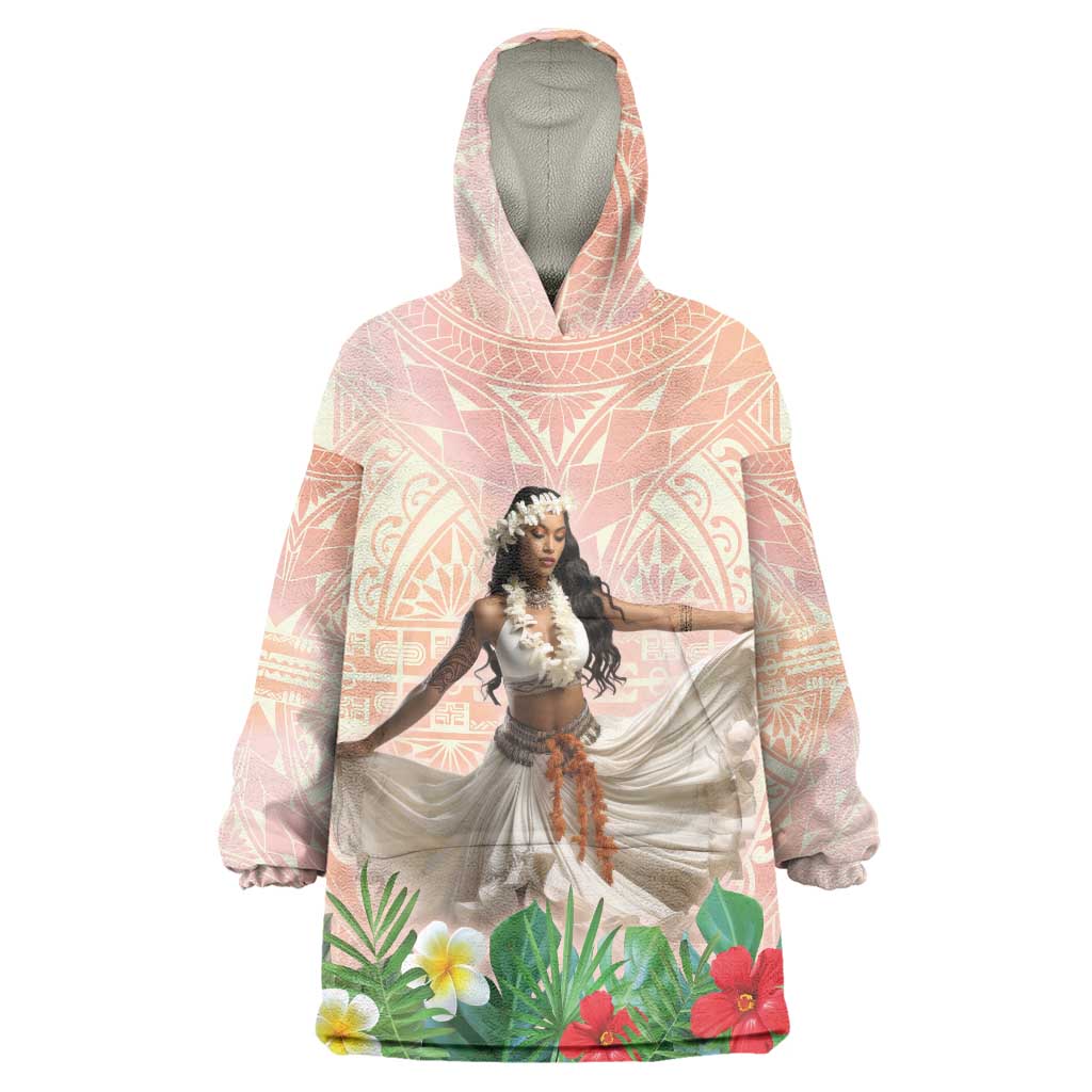 Woman Polynesian Tattoos Wearable Blanket Hoodie Tropical Flower - Peach Fuzz Color LT03 One Size Peach Fuzz - Polynesian Pride