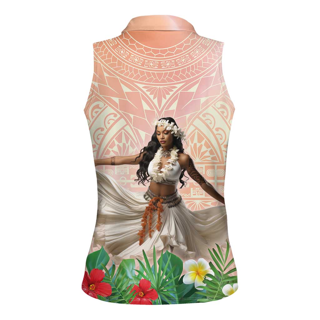 Woman Polynesian Tattoos Women Sleeveless Polo Shirt Tropical Flower - Peach Fuzz Color