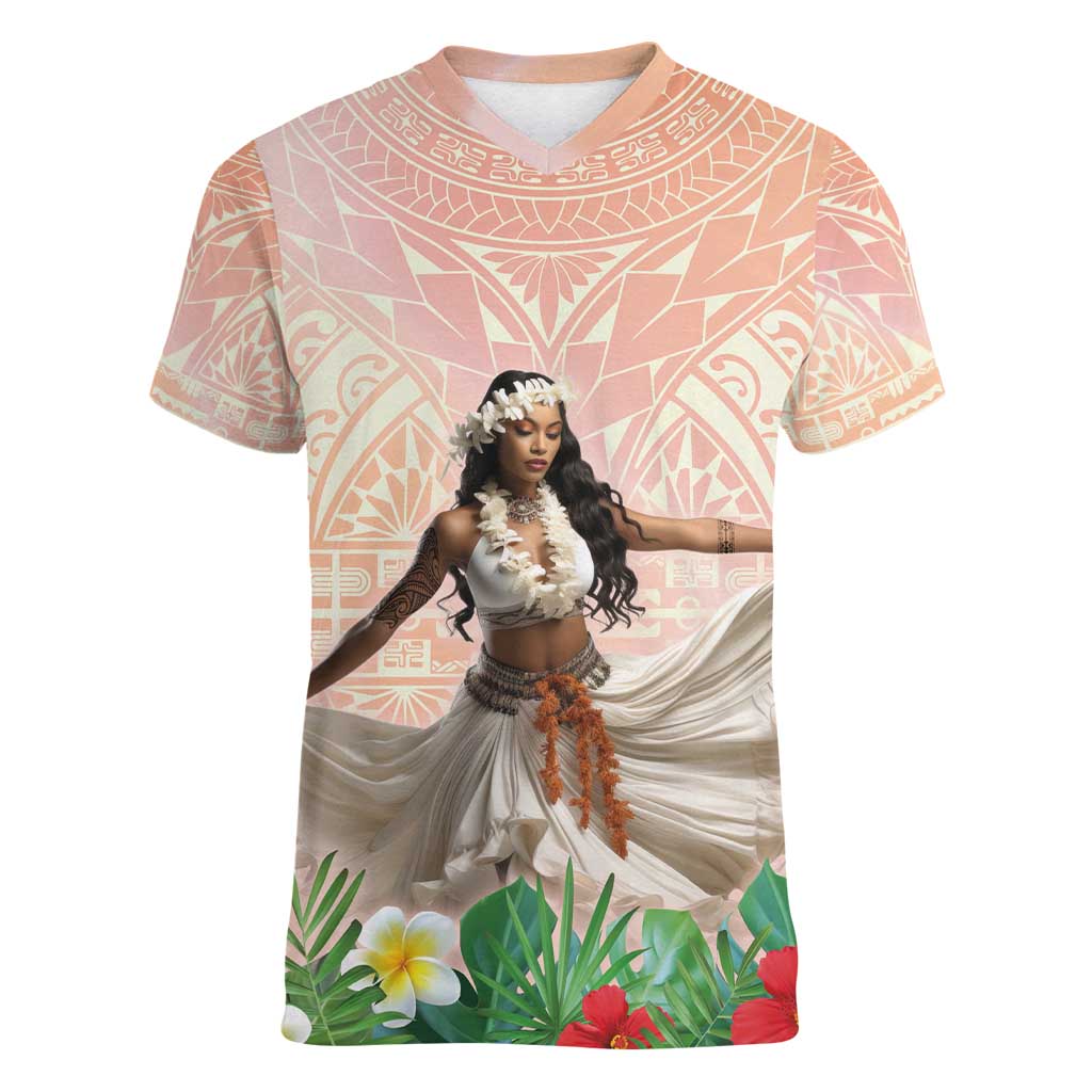 Woman Polynesian Tattoos Women V-Neck T-Shirt Tropical Flower - Peach Fuzz Color