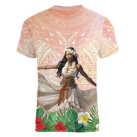 Woman Polynesian Tattoos Women V-Neck T-Shirt Tropical Flower - Peach Fuzz Color