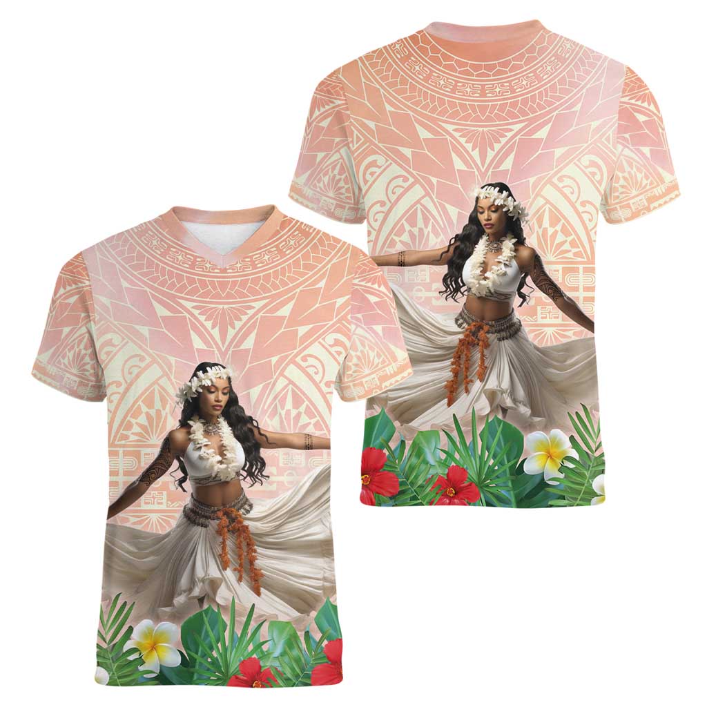 Woman Polynesian Tattoos Women V-Neck T-Shirt Tropical Flower - Peach Fuzz Color