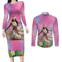 Woman Polynesian Tattoos Couples Matching Long Sleeve Bodycon Dress and Long Sleeve Button Shirt Tropical Flower - Sweets Vibrant Color