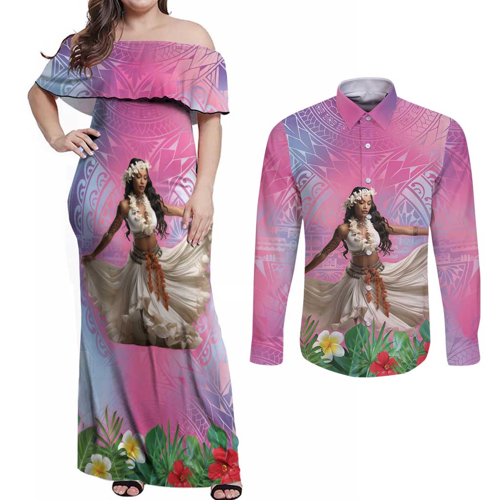 Woman Polynesian Tattoos Couples Matching Off Shoulder Maxi Dress and Long Sleeve Button Shirt Tropical Flower - Sweets Vibrant Color
