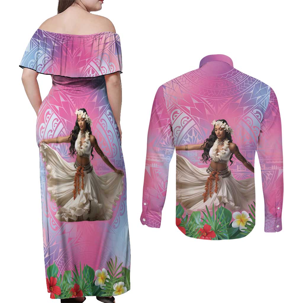 Woman Polynesian Tattoos Couples Matching Off Shoulder Maxi Dress and Long Sleeve Button Shirt Tropical Flower - Sweets Vibrant Color