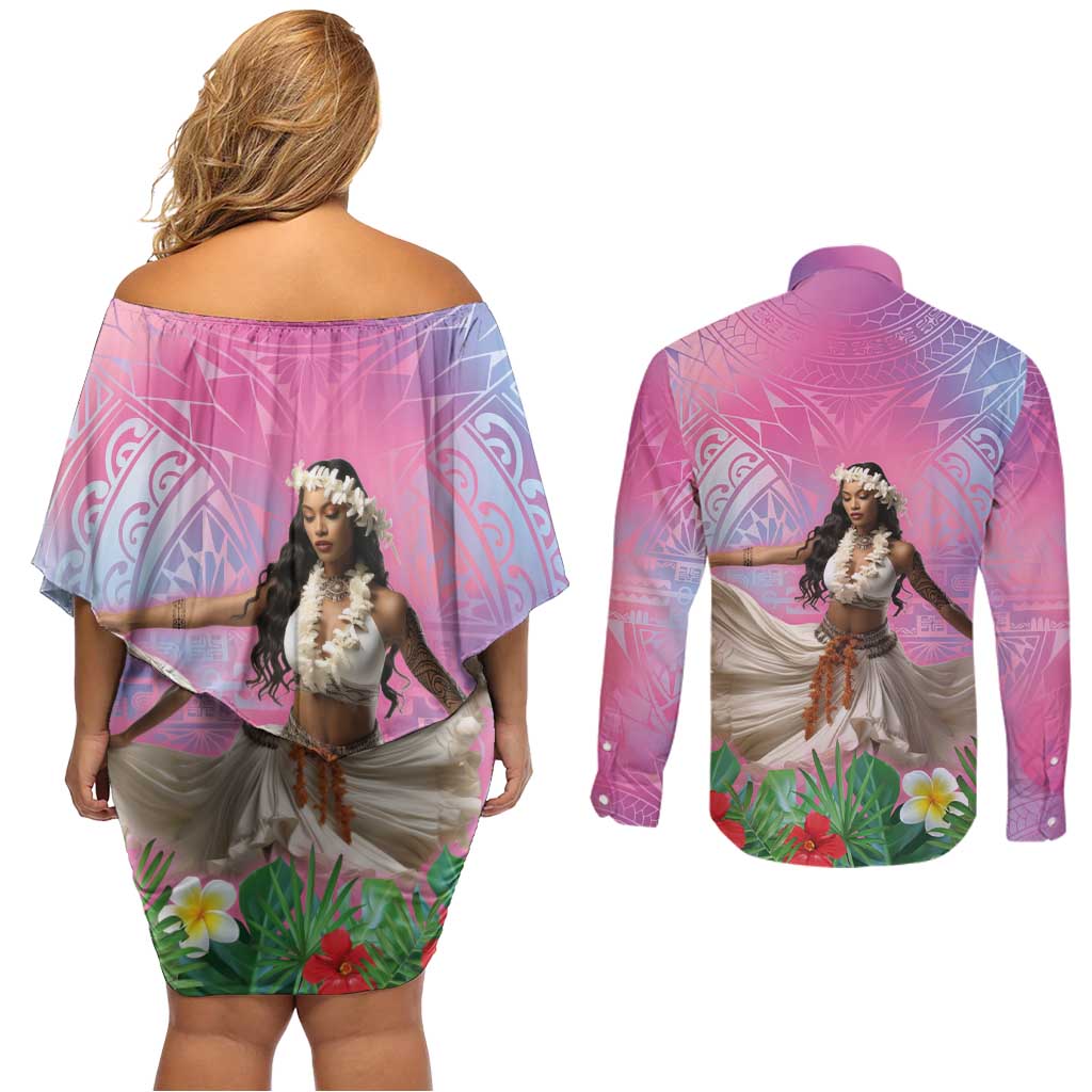 Woman Polynesian Tattoos Couples Matching Off Shoulder Short Dress and Long Sleeve Button Shirt Tropical Flower - Sweets Vibrant Color