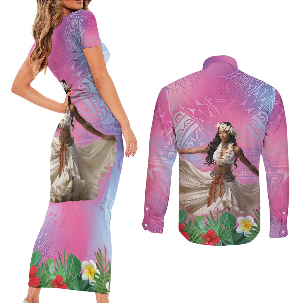 Woman Polynesian Tattoos Couples Matching Short Sleeve Bodycon Dress and Long Sleeve Button Shirt Tropical Flower - Sweets Vibrant Color