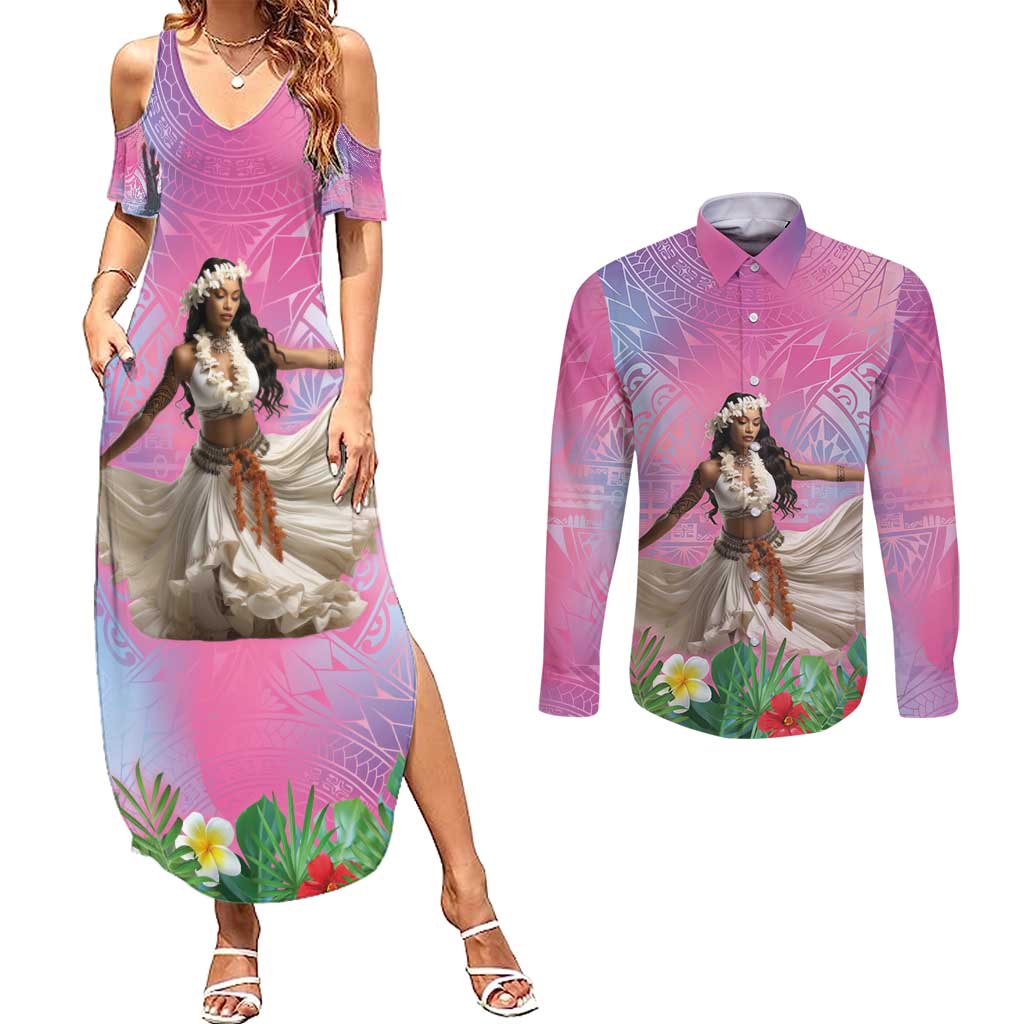Woman Polynesian Tattoos Couples Matching Summer Maxi Dress and Long Sleeve Button Shirt Tropical Flower - Sweets Vibrant Color