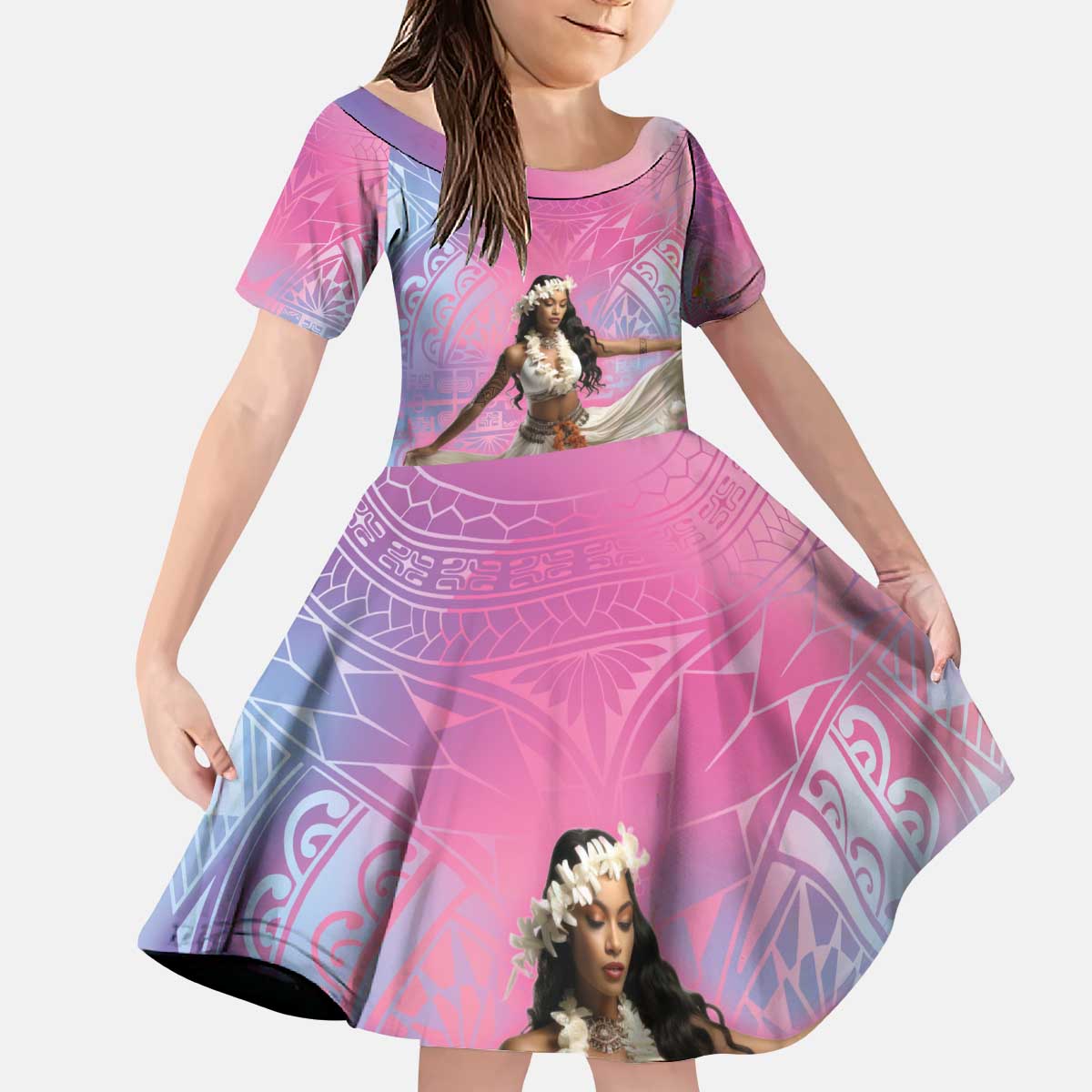 Woman Polynesian Tattoos Kid Short Sleeve Dress Tropical Flower - Sweets Vibrant Color