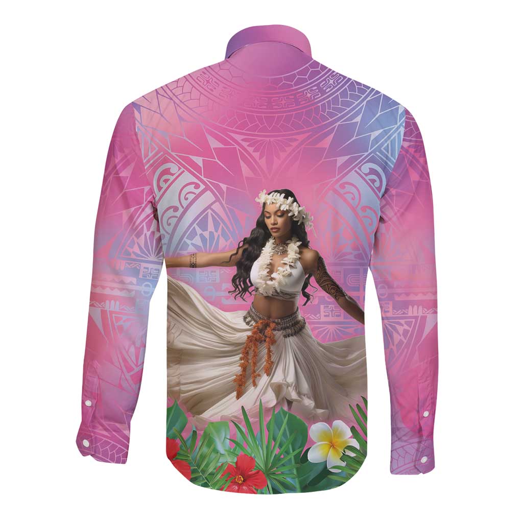 Woman Polynesian Tattoos Long Sleeve Button Shirt Tropical Flower - Sweets Vibrant Color