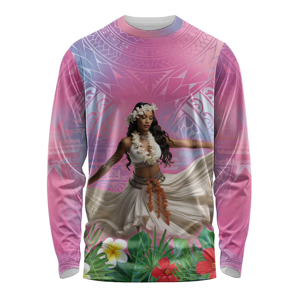 Woman Polynesian Tattoos Long Sleeve Shirt Tropical Flower - Sweets Vibrant Color LT03 Unisex Vibrant Gradient - Polynesian Pride
