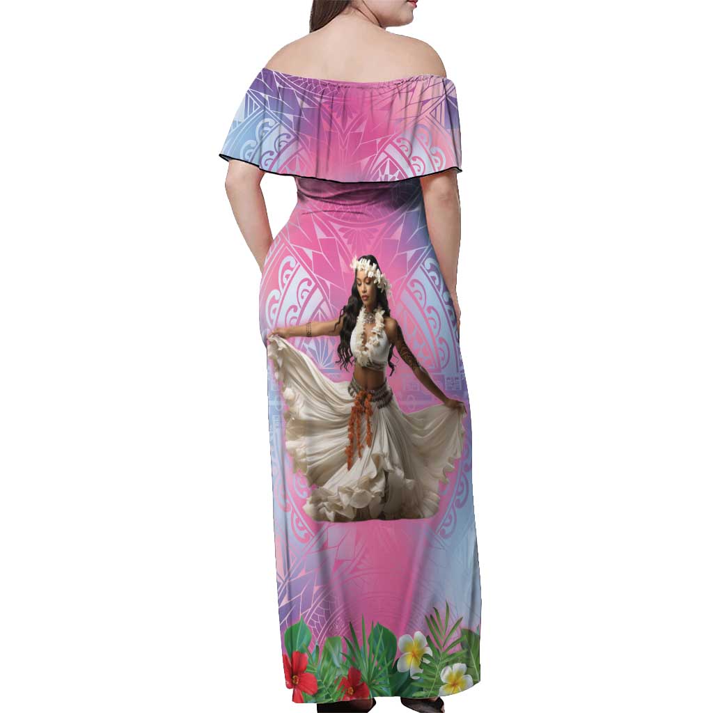Woman Polynesian Tattoos Off Shoulder Maxi Dress Tropical Flower - Sweets Vibrant Color LT03 - Polynesian Pride