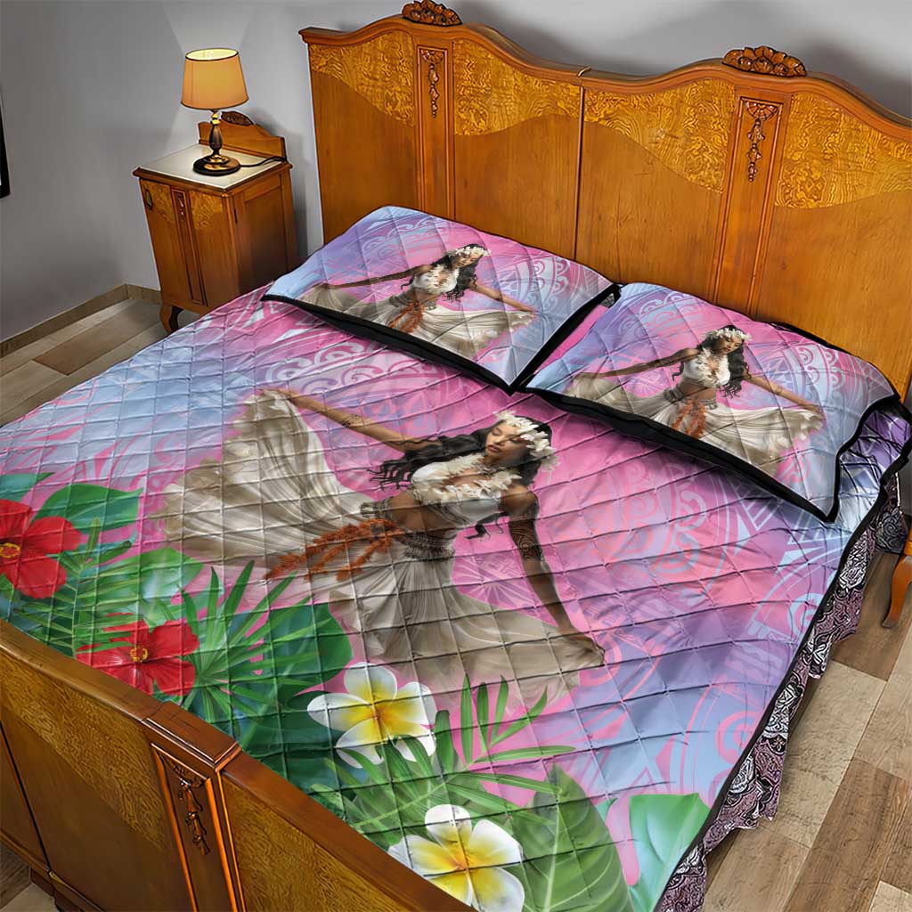 Woman Polynesian Tattoos Quilt Bed Set Tropical Flower - Sweets Vibrant Color