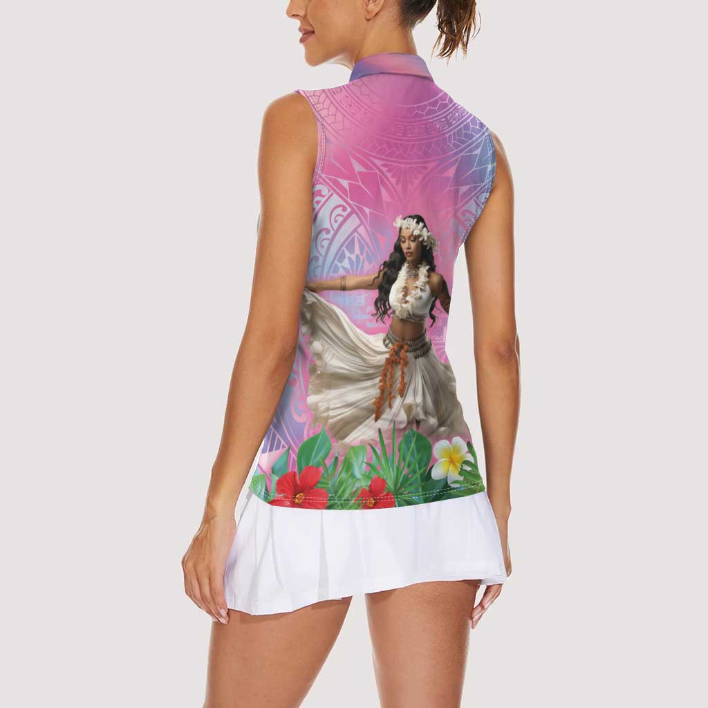 Woman Polynesian Tattoos Women Sleeveless Polo Shirt Tropical Flower - Sweets Vibrant Color