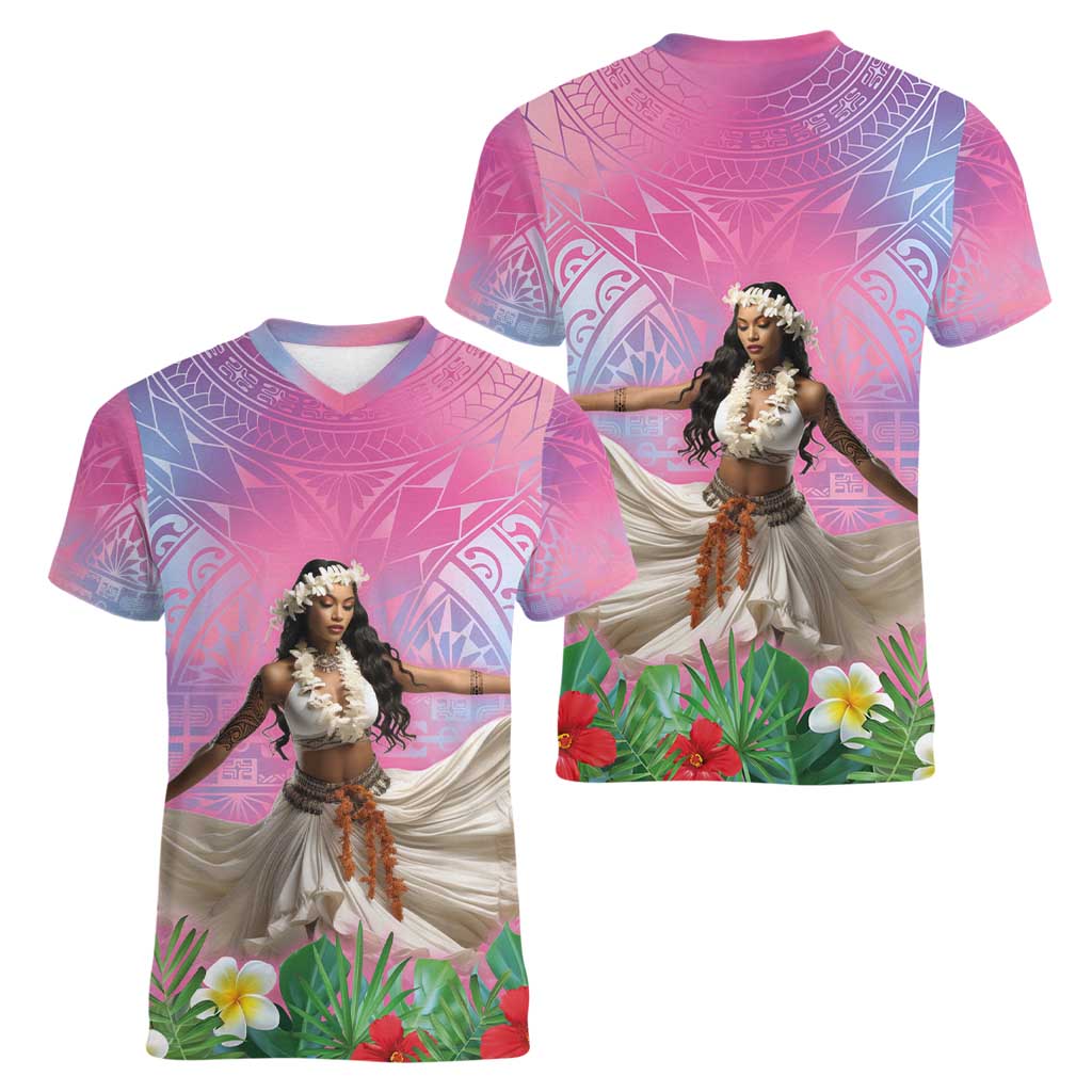 Woman Polynesian Tattoos Women V-Neck T-Shirt Tropical Flower - Sweets Vibrant Color