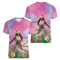 Woman Polynesian Tattoos Women V-Neck T-Shirt Tropical Flower - Sweets Vibrant Color
