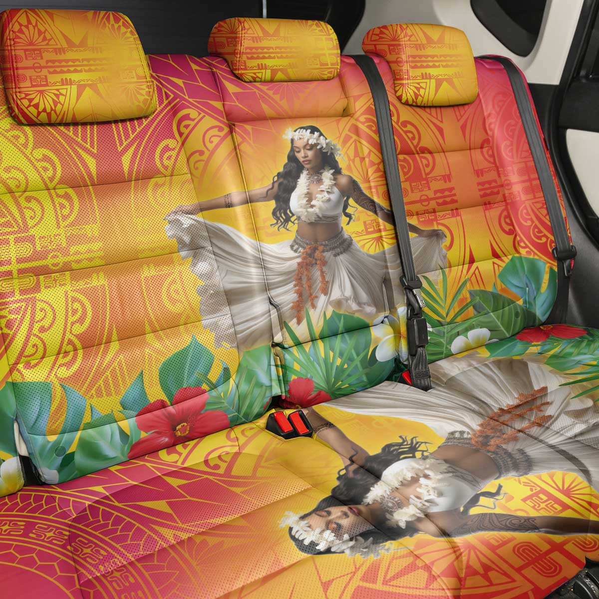 Woman Polynesian Tattoos Back Car Seat Cover Tropical Flower - Vibrant Hot Color LT03 - Polynesian Pride