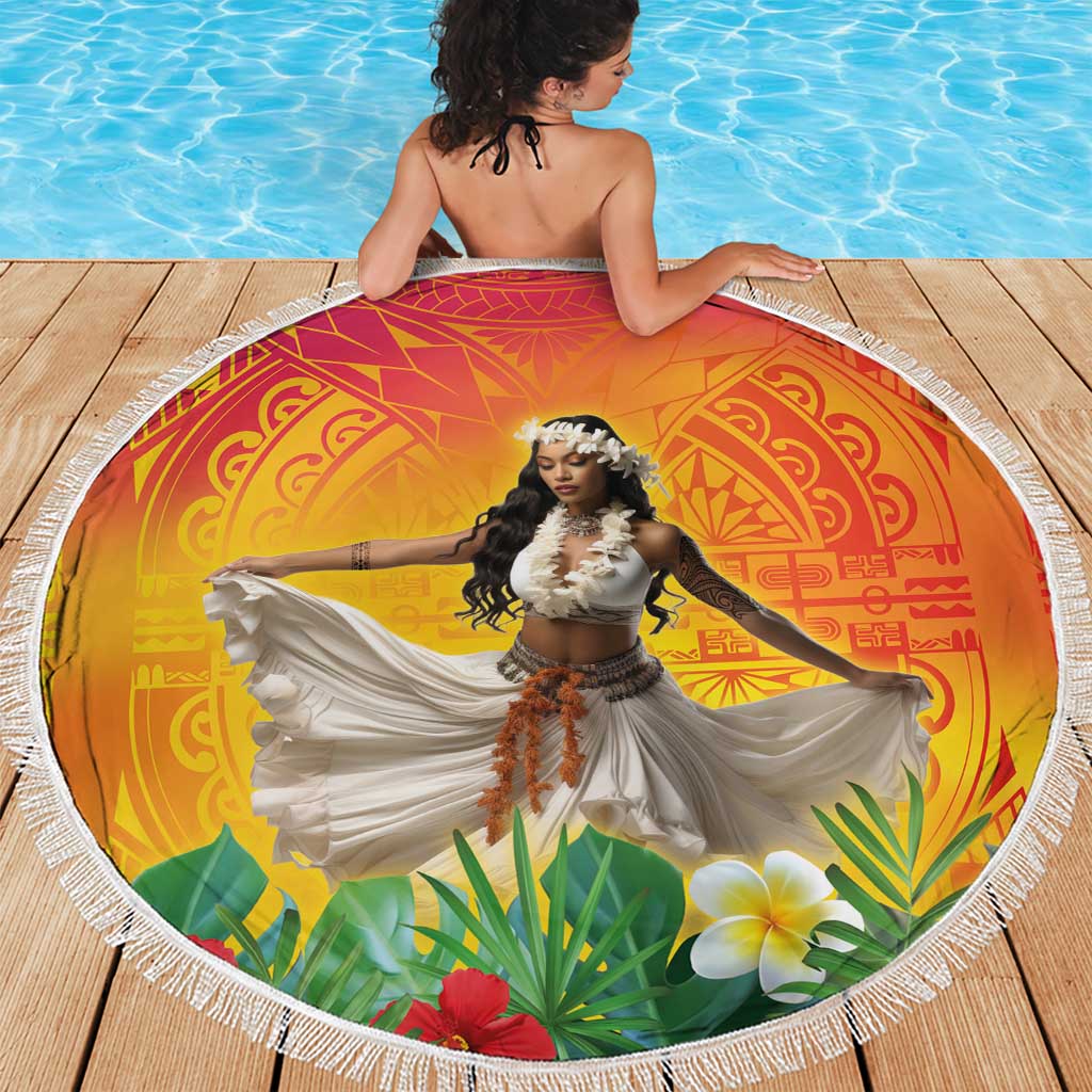 Woman Polynesian Tattoos Beach Blanket Tropical Flower - Vibrant Hot Color
