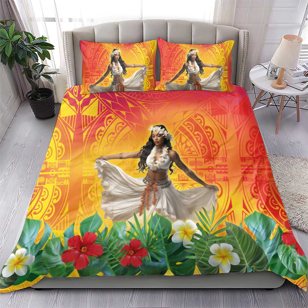 Woman Polynesian Tattoos Bedding Set Tropical Flower - Vibrant Hot Color