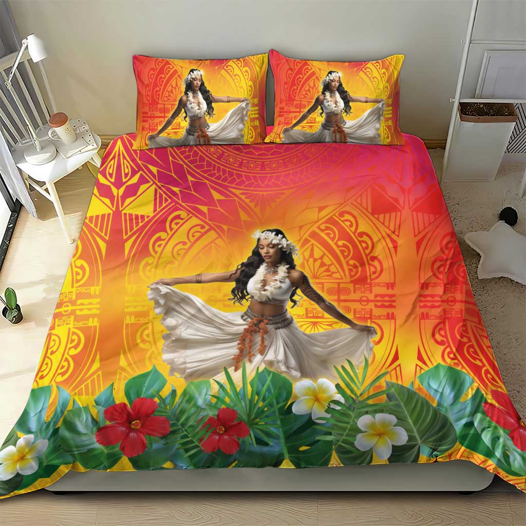 Woman Polynesian Tattoos Bedding Set Tropical Flower - Vibrant Hot Color
