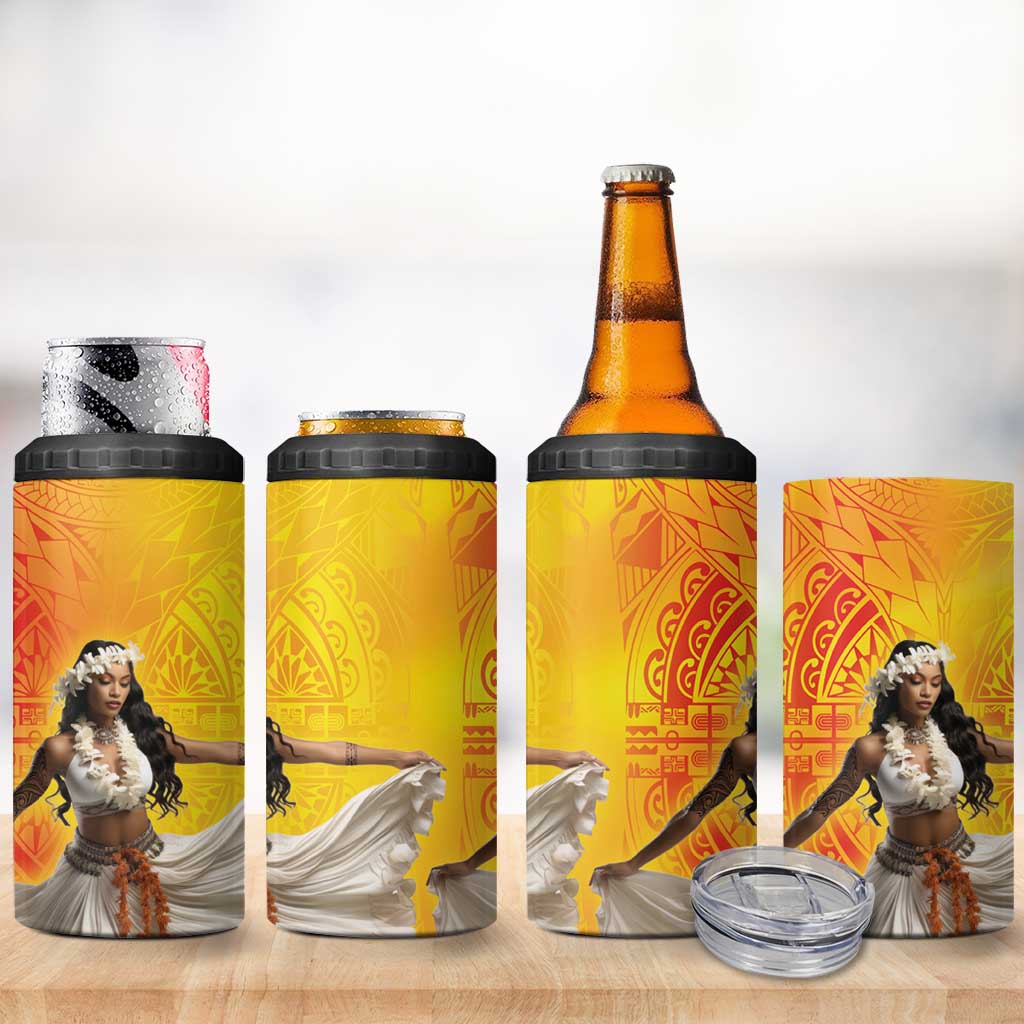 Woman Polynesian Tattoos 4 in 1 Can Cooler Tumbler Tropical Flower - Vibrant Hot Color