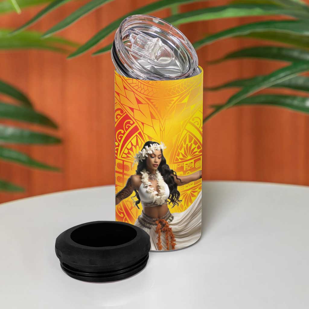 Woman Polynesian Tattoos 4 in 1 Can Cooler Tumbler Tropical Flower - Vibrant Hot Color