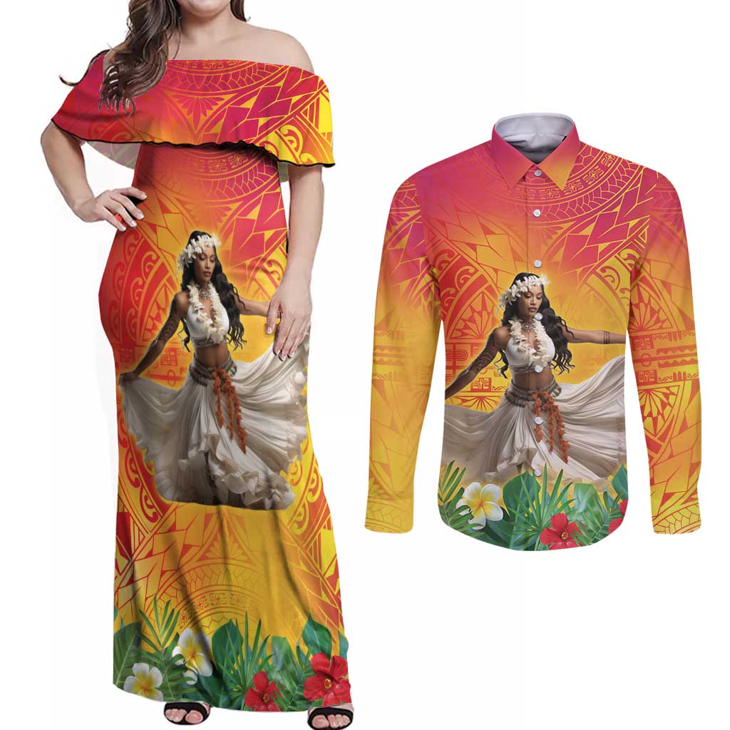 Woman Polynesian Tattoos Couples Matching Off Shoulder Maxi Dress and Long Sleeve Button Shirt Tropical Flower - Vibrant Hot Color