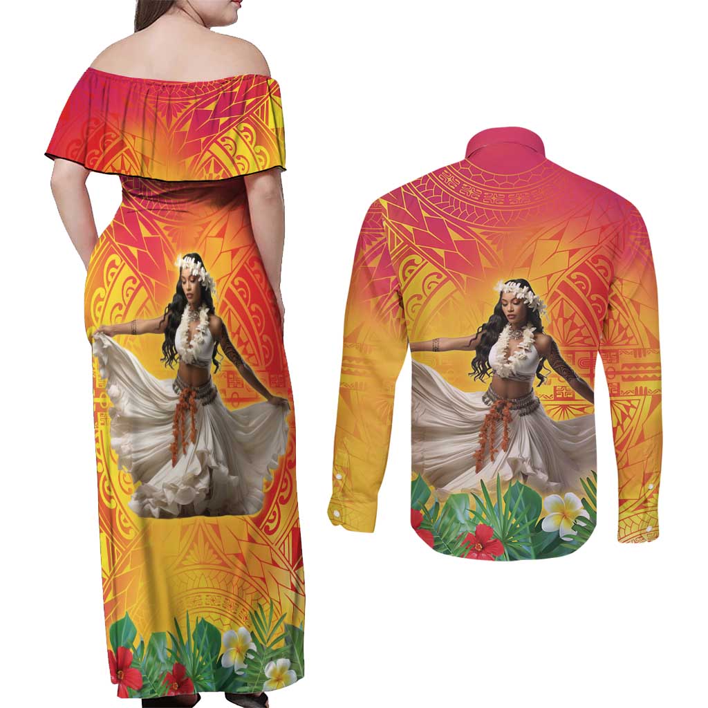 Woman Polynesian Tattoos Couples Matching Off Shoulder Maxi Dress and Long Sleeve Button Shirt Tropical Flower - Vibrant Hot Color