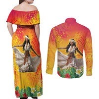 Woman Polynesian Tattoos Couples Matching Off Shoulder Maxi Dress and Long Sleeve Button Shirt Tropical Flower - Vibrant Hot Color