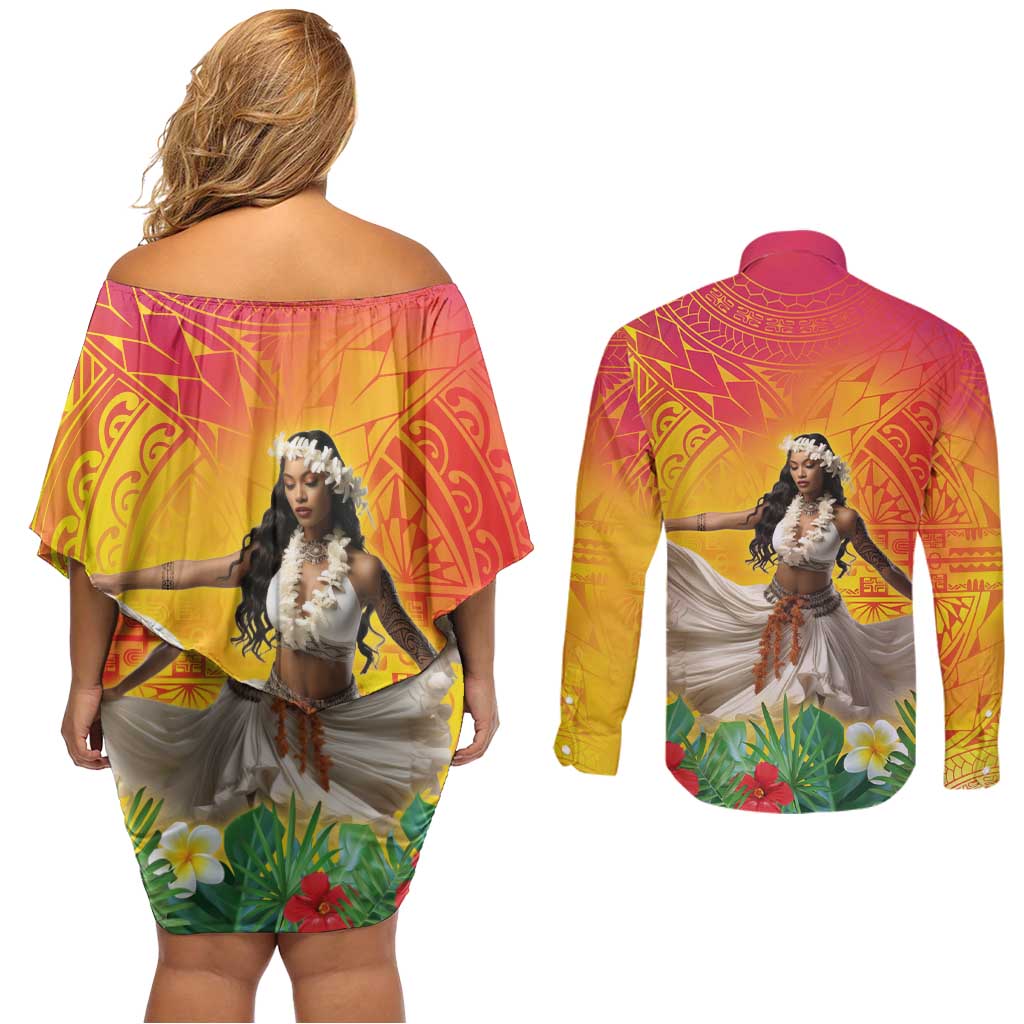 Woman Polynesian Tattoos Couples Matching Off Shoulder Short Dress and Long Sleeve Button Shirt Tropical Flower - Vibrant Hot Color