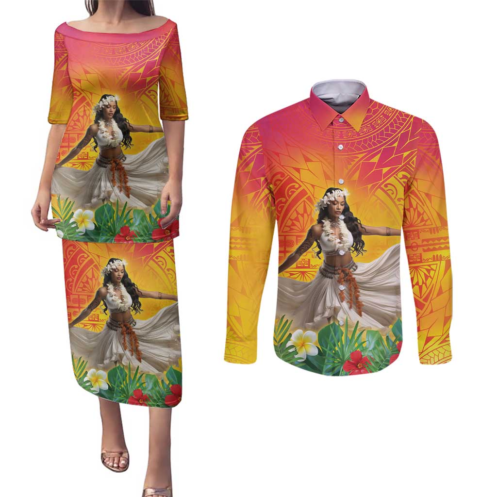Woman Polynesian Tattoos Couples Matching Puletasi and Long Sleeve Button Shirt Tropical Flower - Vibrant Hot Color LT03 Vibrant Gradient - Polynesian Pride