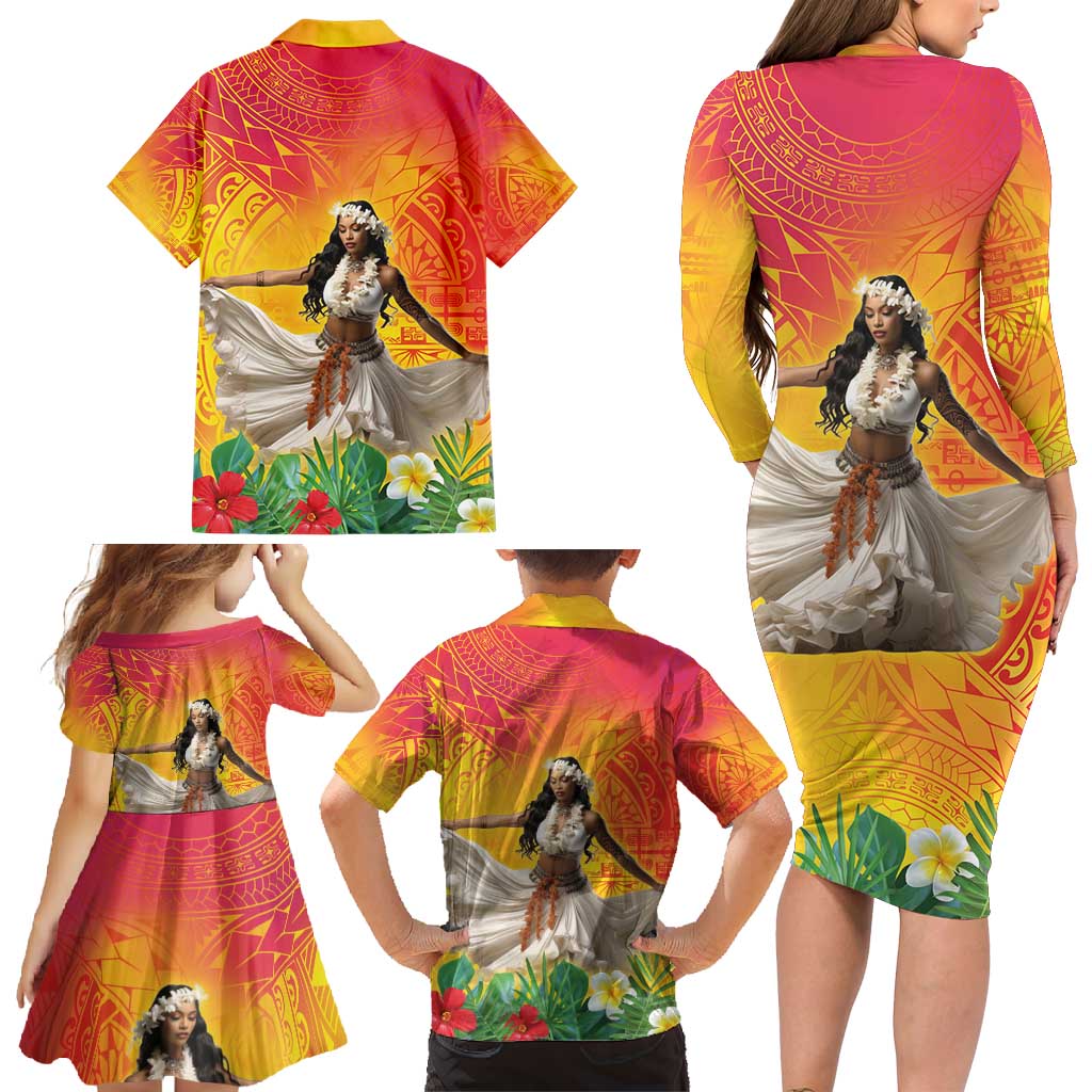 Woman Polynesian Tattoos Family Matching Long Sleeve Bodycon Dress and Hawaiian Shirt Tropical Flower - Vibrant Hot Color