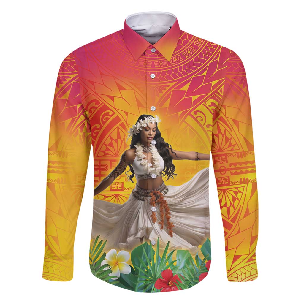 Woman Polynesian Tattoos Family Matching Long Sleeve Bodycon Dress and Hawaiian Shirt Tropical Flower - Vibrant Hot Color