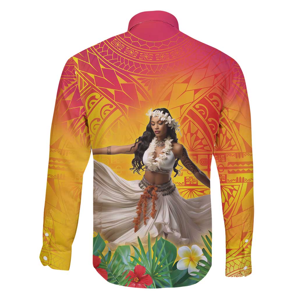 Woman Polynesian Tattoos Family Matching Long Sleeve Bodycon Dress and Hawaiian Shirt Tropical Flower - Vibrant Hot Color