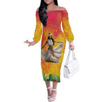 Woman Polynesian Tattoos Family Matching Off The Shoulder Long Sleeve Dress and Hawaiian Shirt Tropical Flower - Vibrant Hot Color