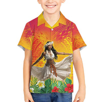 Woman Polynesian Tattoos Family Matching Short Sleeve Bodycon Dress and Hawaiian Shirt Tropical Flower - Vibrant Hot Color