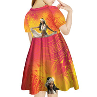 Woman Polynesian Tattoos Kid Short Sleeve Dress Tropical Flower - Vibrant Hot Color