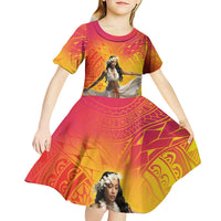 Woman Polynesian Tattoos Kid Short Sleeve Dress Tropical Flower - Vibrant Hot Color
