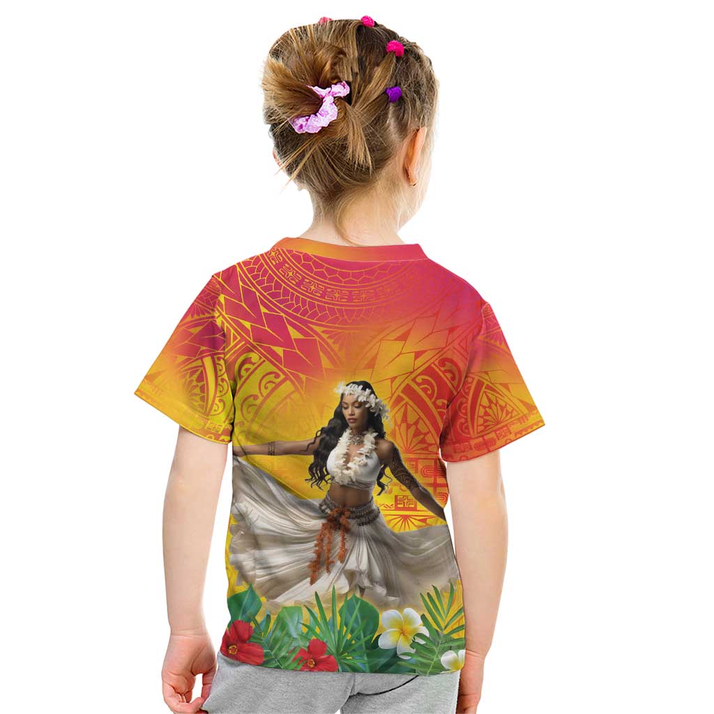 Woman Polynesian Tattoos Kid T Shirt Tropical Flower - Vibrant Hot Color