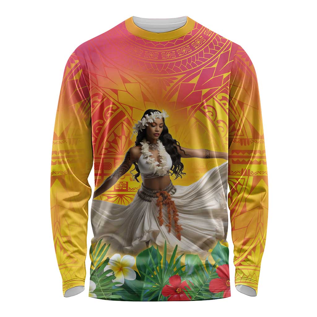 Woman Polynesian Tattoos Long Sleeve Shirt Tropical Flower - Vibrant Hot Color LT03 Unisex Vibrant Gradient - Polynesian Pride