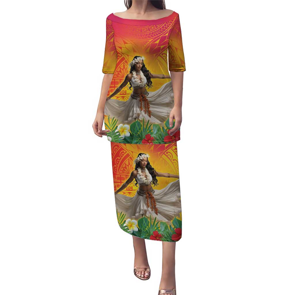 Woman Polynesian Tattoos Puletasi Tropical Flower - Vibrant Hot Color