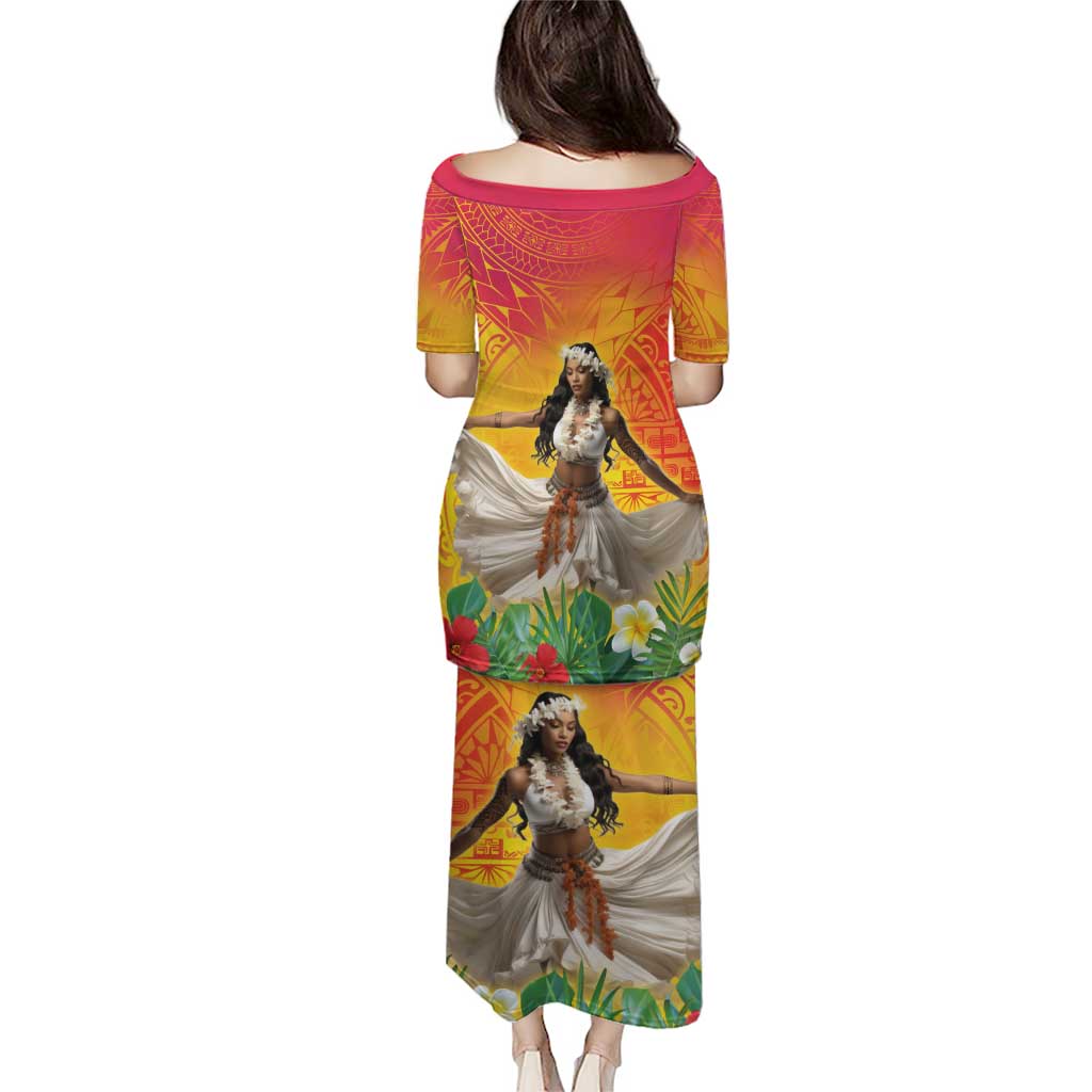 Woman Polynesian Tattoos Puletasi Tropical Flower - Vibrant Hot Color