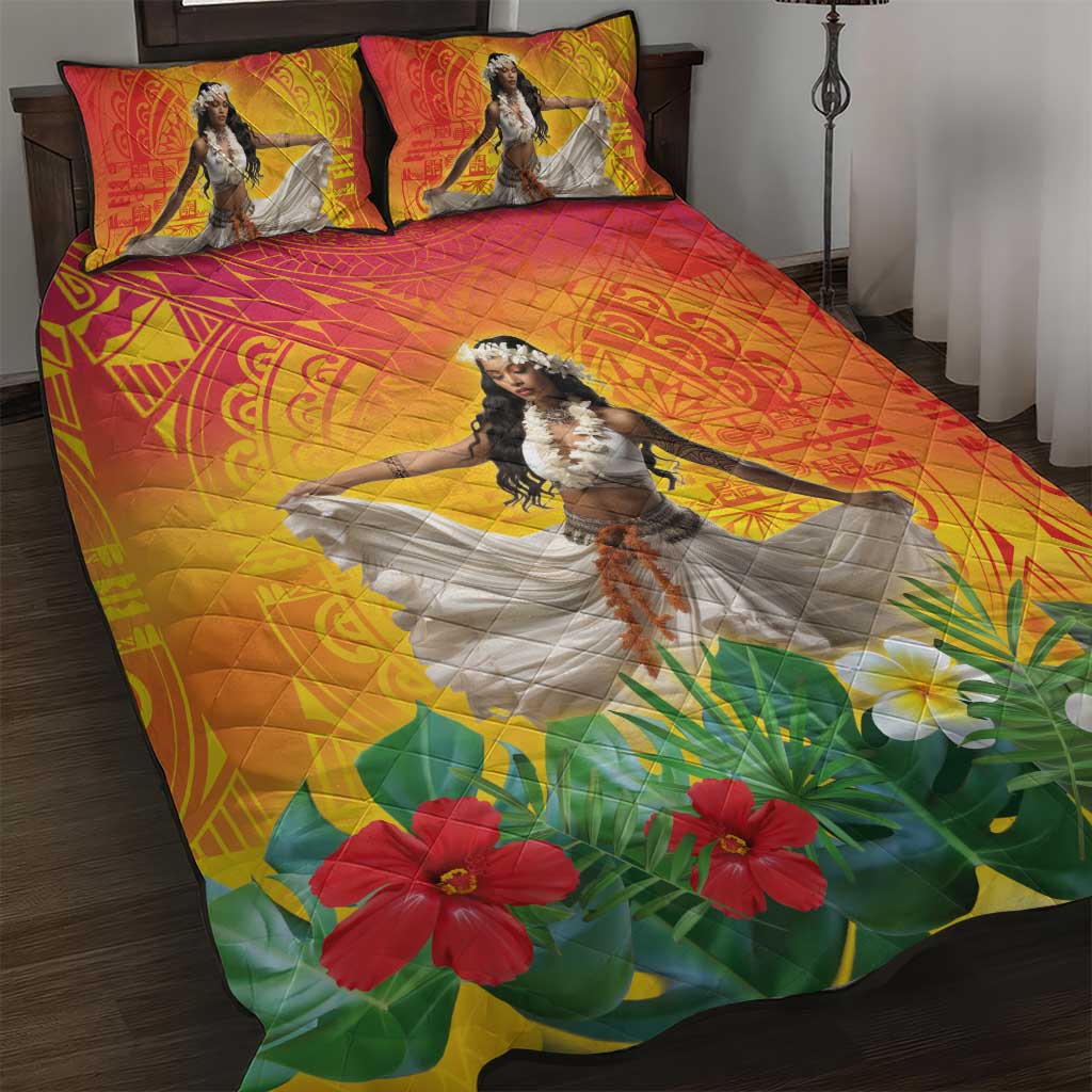 Woman Polynesian Tattoos Quilt Bed Set Tropical Flower - Vibrant Hot Color LT03 Vibrant Gradient - Polynesian Pride