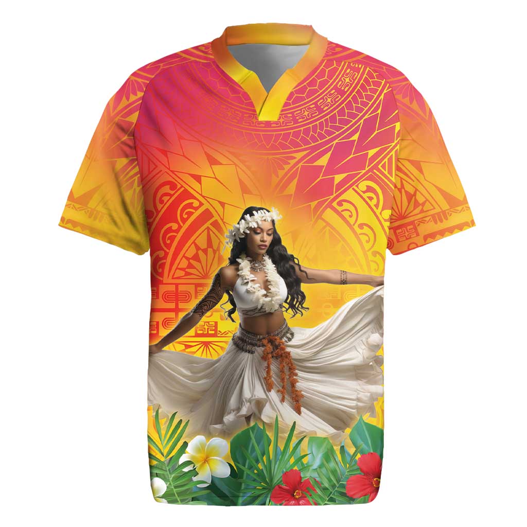 Woman Polynesian Tattoos Rugby Jersey Tropical Flower - Vibrant Hot Color